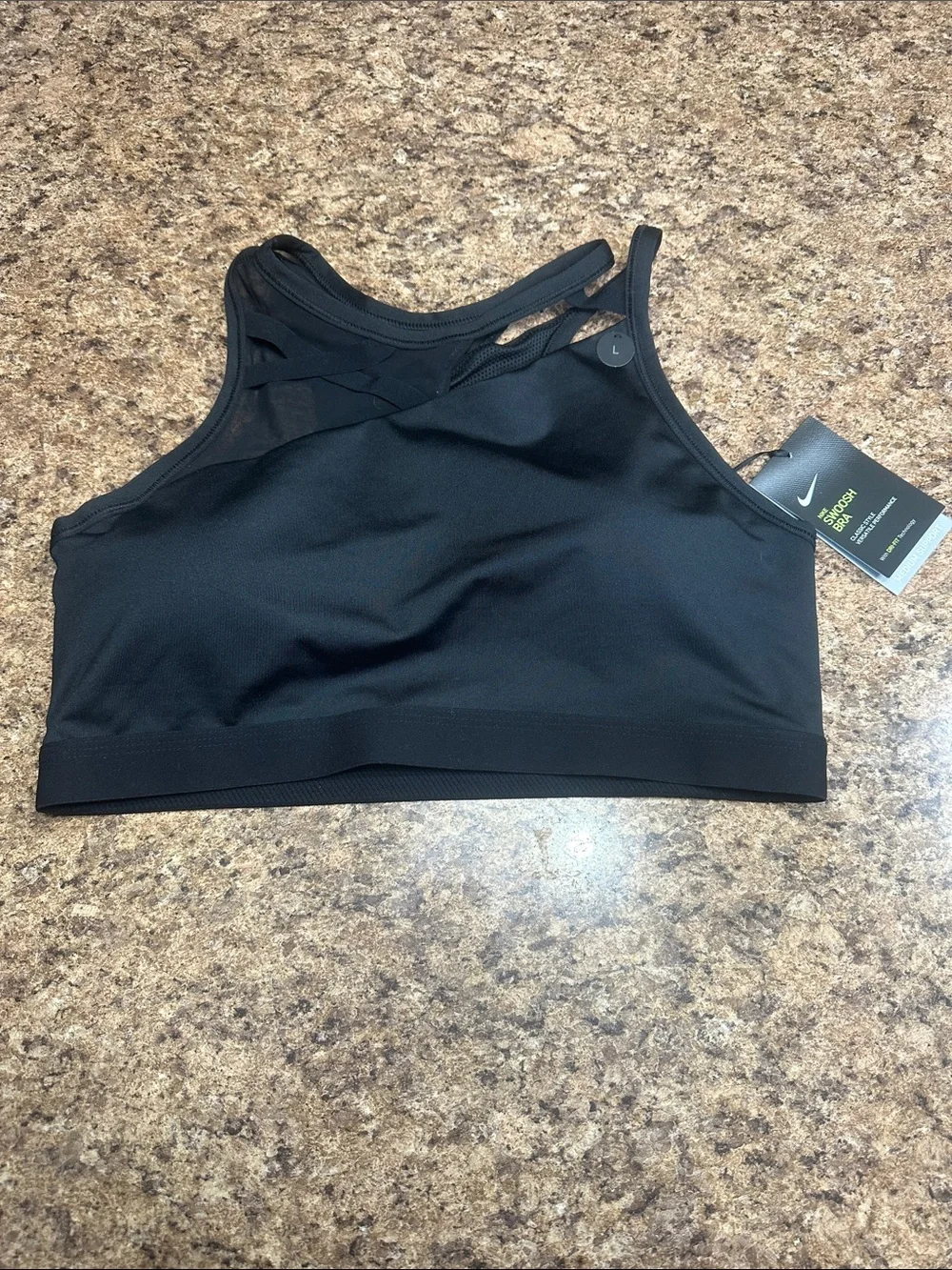 NWT Nike Black High Neck Strappy Sports Bra Large Mesh Panels